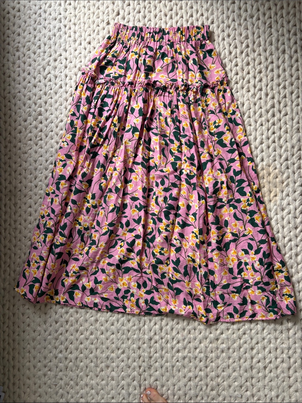 Moon River Pink Floral Tiered Maxi Skirt with Green Leaves and Yellow Blooms
